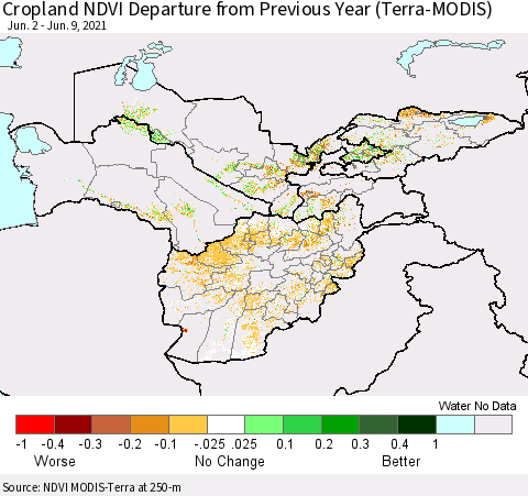 Central Asia Cropland NDVI Departure from Previous Year (Terra-MODIS) Thematic Map For 6/2/2021 - 6/9/2021