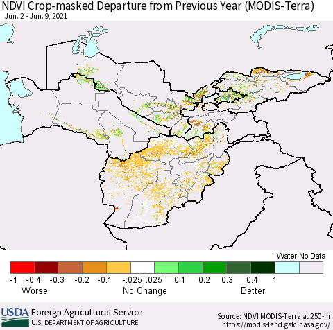 Central Asia Cropland NDVI Departure from Previous Year (Terra-MODIS) Thematic Map For 6/1/2021 - 6/10/2021