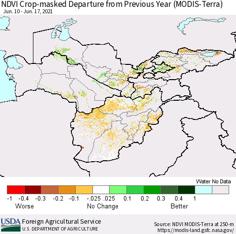Central Asia Cropland NDVI Departure from Previous Year (Terra-MODIS) Thematic Map For 6/11/2021 - 6/20/2021