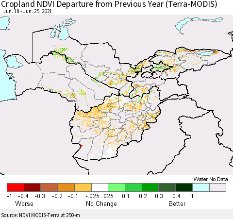 Central Asia Cropland NDVI Departure from Previous Year (Terra-MODIS) Thematic Map For 6/18/2021 - 6/25/2021