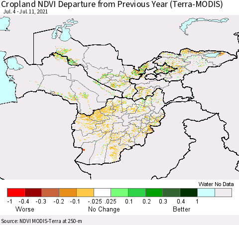 Central Asia Cropland NDVI Departure from Previous Year (Terra-MODIS) Thematic Map For 7/4/2021 - 7/11/2021