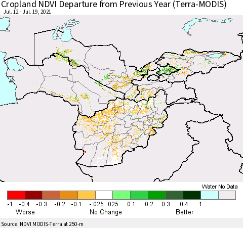 Central Asia Cropland NDVI Departure from Previous Year (Terra-MODIS) Thematic Map For 7/12/2021 - 7/19/2021