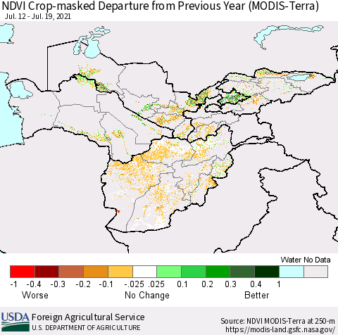Central Asia Cropland NDVI Departure from Previous Year (Terra-MODIS) Thematic Map For 7/11/2021 - 7/20/2021
