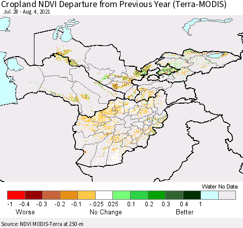 Central Asia Cropland NDVI Departure from Previous Year (Terra-MODIS) Thematic Map For 7/28/2021 - 8/4/2021