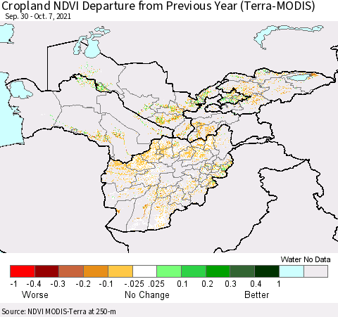 Central Asia Cropland NDVI Departure from Previous Year (Terra-MODIS) Thematic Map For 9/30/2021 - 10/7/2021