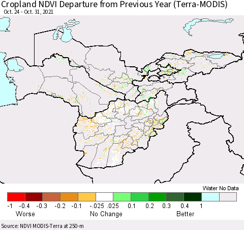 Central Asia Cropland NDVI Departure from Previous Year (Terra-MODIS) Thematic Map For 10/21/2021 - 10/31/2021