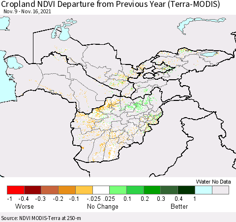 Central Asia Cropland NDVI Departure from Previous Year (Terra-MODIS) Thematic Map For 11/9/2021 - 11/16/2021