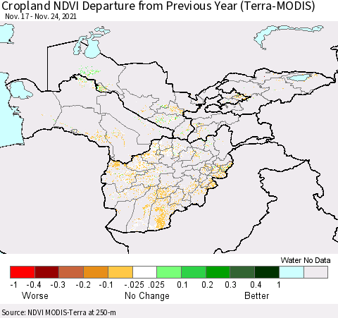Central Asia Cropland NDVI Departure from Previous Year (Terra-MODIS) Thematic Map For 11/17/2021 - 11/24/2021