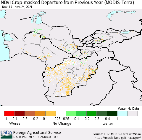 Central Asia Cropland NDVI Departure from Previous Year (Terra-MODIS) Thematic Map For 11/21/2021 - 11/30/2021