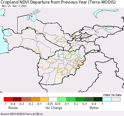 Central Asia Cropland NDVI Departure from Previous Year (Terra-MODIS) Thematic Map For 11/25/2021 - 12/2/2021