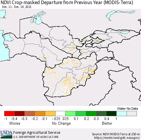 Central Asia Cropland NDVI Departure from Previous Year (Terra-MODIS) Thematic Map For 12/11/2021 - 12/20/2021