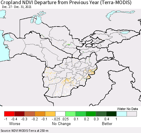 Central Asia Cropland NDVI Departure from Previous Year (Terra-MODIS) Thematic Map For 12/26/2021 - 1/2/2022