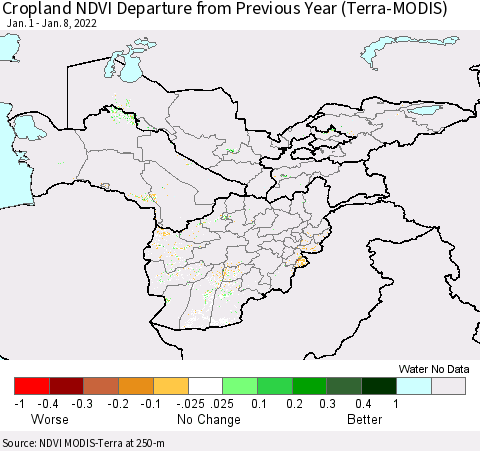 Central Asia Cropland NDVI Departure from Previous Year (Terra-MODIS) Thematic Map For 1/1/2022 - 1/8/2022