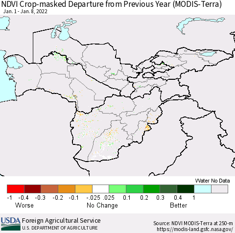 Central Asia Cropland NDVI Departure from Previous Year (Terra-MODIS) Thematic Map For 1/1/2022 - 1/10/2022