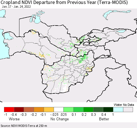 Central Asia Cropland NDVI Departure from Previous Year (Terra-MODIS) Thematic Map For 1/17/2022 - 1/24/2022