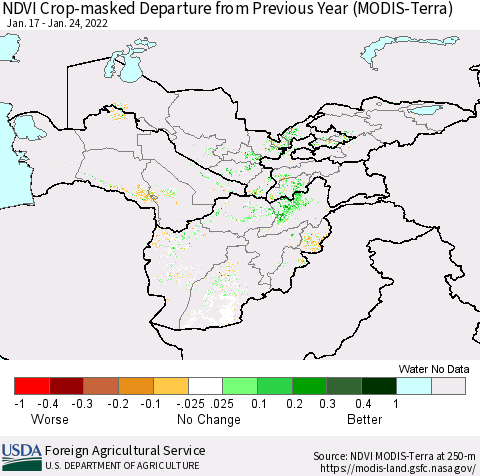 Central Asia Cropland NDVI Departure from Previous Year (Terra-MODIS) Thematic Map For 1/21/2022 - 1/31/2022