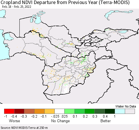 Central Asia Cropland NDVI Departure from Previous Year (Terra-MODIS) Thematic Map For 2/18/2022 - 2/25/2022