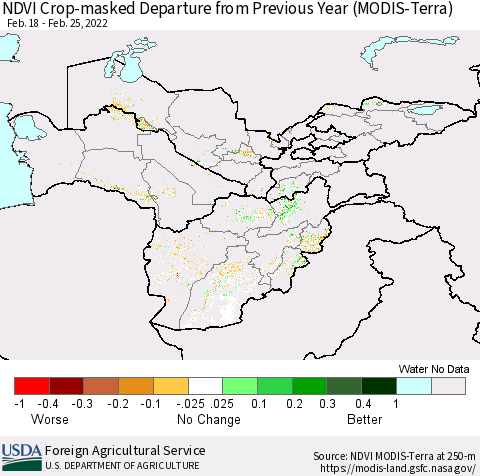 Central Asia Cropland NDVI Departure from Previous Year (Terra-MODIS) Thematic Map For 2/21/2022 - 2/28/2022