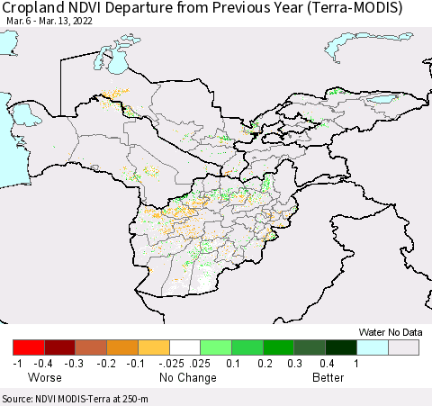 Central Asia Cropland NDVI Departure from Previous Year (Terra-MODIS) Thematic Map For 3/6/2022 - 3/13/2022