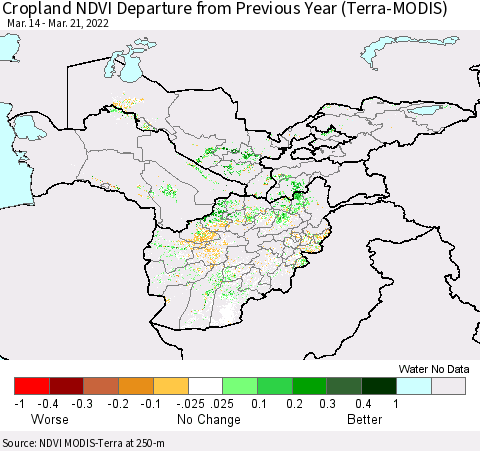 Central Asia Cropland NDVI Departure from Previous Year (Terra-MODIS) Thematic Map For 3/14/2022 - 3/21/2022