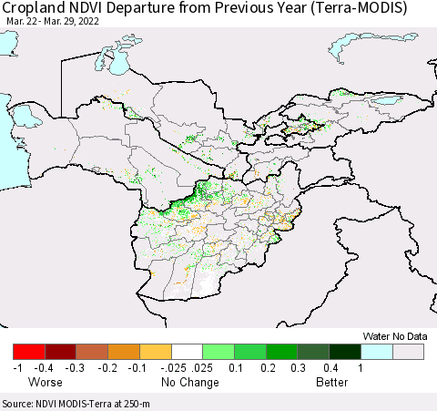Central Asia Cropland NDVI Departure from Previous Year (Terra-MODIS) Thematic Map For 3/22/2022 - 3/29/2022