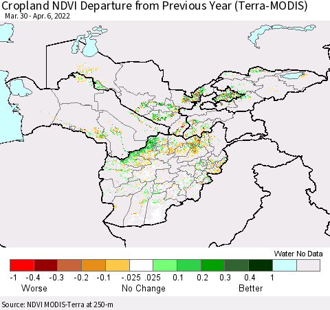 Central Asia Cropland NDVI Departure from Previous Year (Terra-MODIS) Thematic Map For 3/30/2022 - 4/6/2022