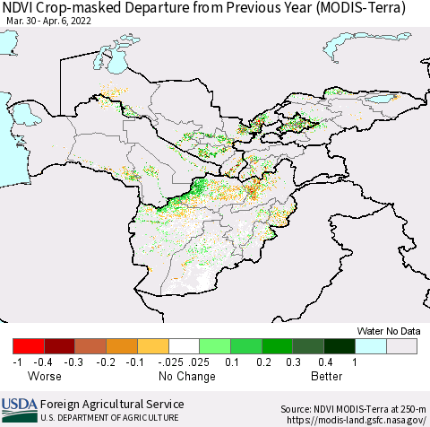 Central Asia Cropland NDVI Departure from Previous Year (Terra-MODIS) Thematic Map For 4/1/2022 - 4/10/2022