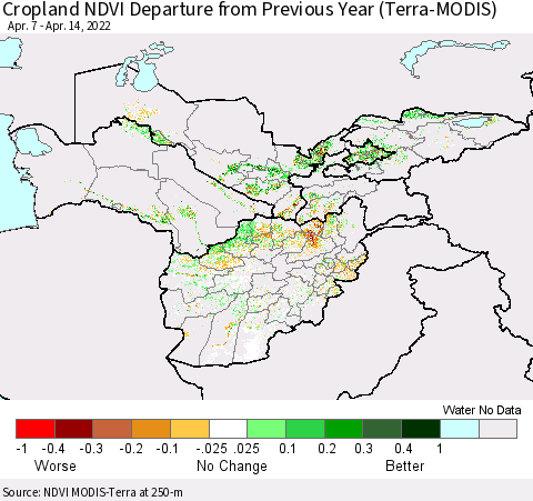 Central Asia Cropland NDVI Departure from Previous Year (Terra-MODIS) Thematic Map For 4/7/2022 - 4/14/2022