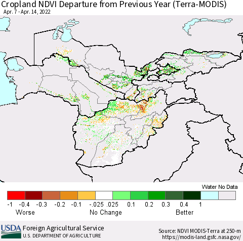 Central Asia Cropland NDVI Departure from Previous Year (Terra-MODIS) Thematic Map For 4/11/2022 - 4/20/2022