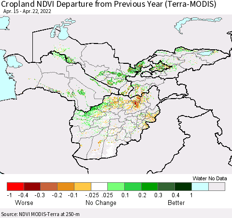 Central Asia Cropland NDVI Departure from Previous Year (Terra-MODIS) Thematic Map For 4/15/2022 - 4/22/2022