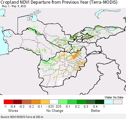 Central Asia Cropland NDVI Departure from Previous Year (Terra-MODIS) Thematic Map For 5/1/2022 - 5/8/2022