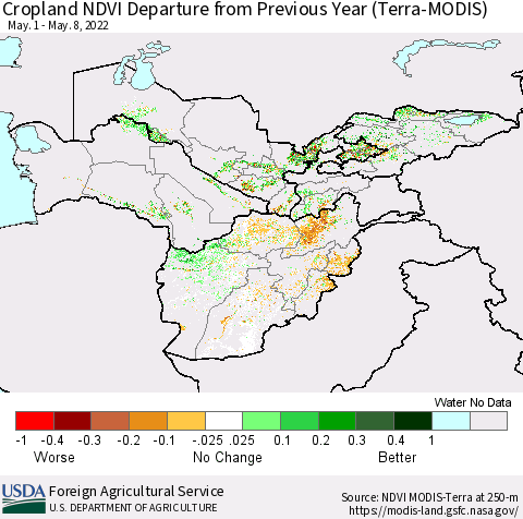 Central Asia Cropland NDVI Departure from Previous Year (Terra-MODIS) Thematic Map For 5/1/2022 - 5/10/2022
