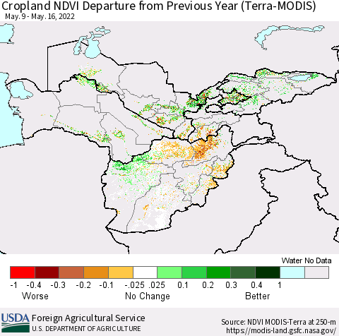 Central Asia Cropland NDVI Departure from Previous Year (Terra-MODIS) Thematic Map For 5/11/2022 - 5/20/2022
