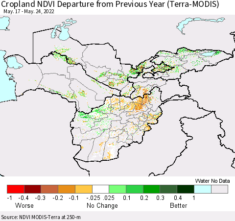 Central Asia Cropland NDVI Departure from Previous Year (Terra-MODIS) Thematic Map For 5/17/2022 - 5/24/2022