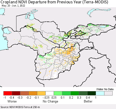 Central Asia Cropland NDVI Departure from Previous Year (Terra-MODIS) Thematic Map For 5/25/2022 - 6/1/2022
