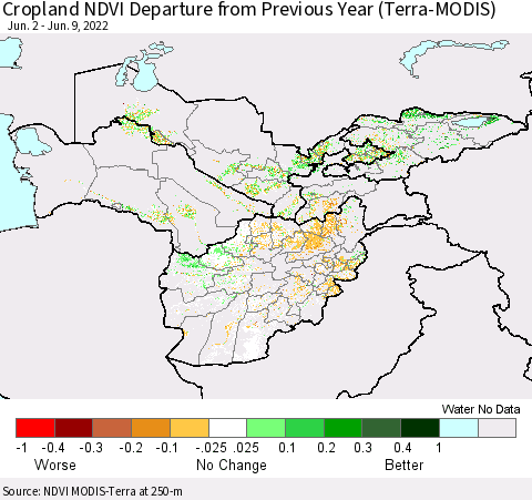 Central Asia Cropland NDVI Departure from Previous Year (Terra-MODIS) Thematic Map For 6/2/2022 - 6/9/2022