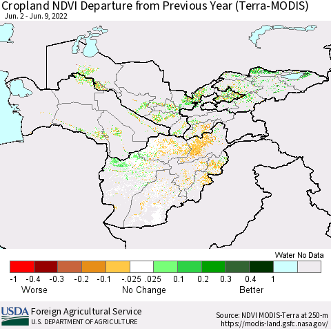 Central Asia Cropland NDVI Departure from Previous Year (Terra-MODIS) Thematic Map For 6/1/2022 - 6/10/2022