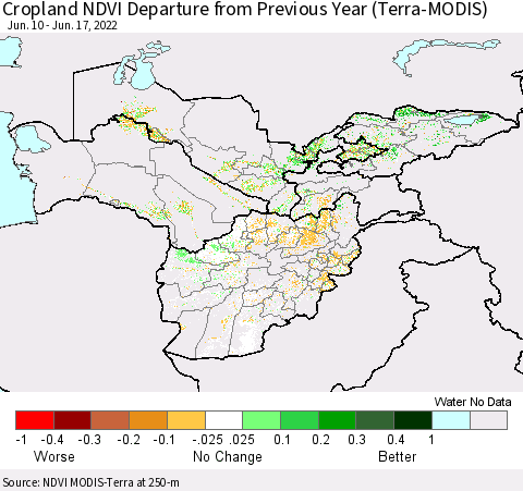 Central Asia Cropland NDVI Departure from Previous Year (Terra-MODIS) Thematic Map For 6/10/2022 - 6/17/2022