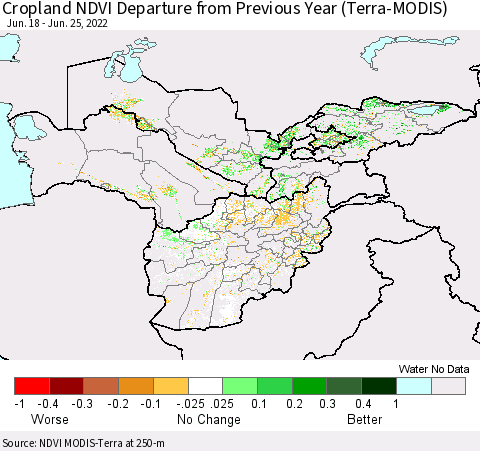 Central Asia Cropland NDVI Departure from Previous Year (Terra-MODIS) Thematic Map For 6/18/2022 - 6/25/2022