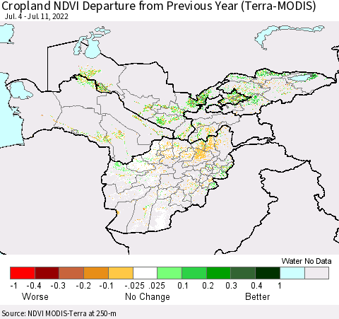 Central Asia Cropland NDVI Departure from Previous Year (Terra-MODIS) Thematic Map For 7/4/2022 - 7/11/2022