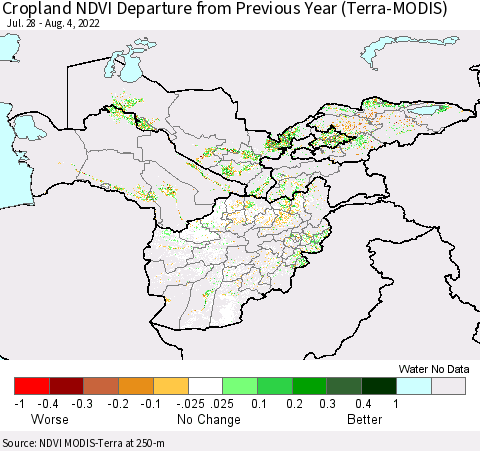 Central Asia Cropland NDVI Departure from Previous Year (Terra-MODIS) Thematic Map For 7/28/2022 - 8/4/2022