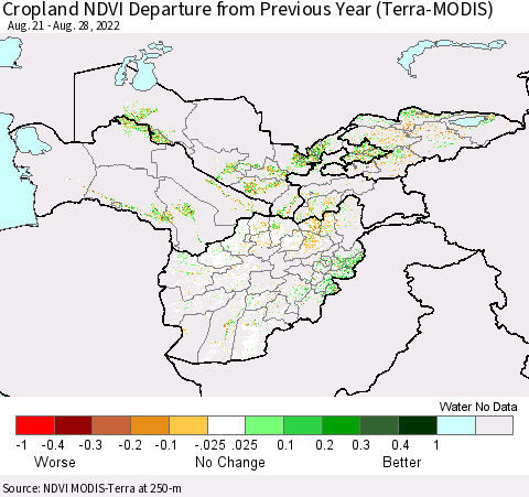Central Asia Cropland NDVI Departure from Previous Year (Terra-MODIS) Thematic Map For 8/21/2022 - 8/28/2022