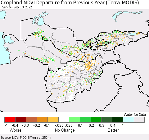 Central Asia Cropland NDVI Departure from Previous Year (Terra-MODIS) Thematic Map For 9/6/2022 - 9/13/2022