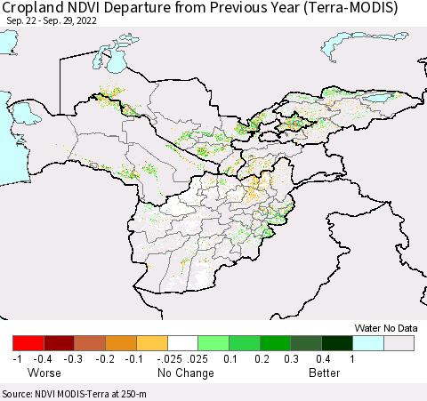Central Asia Cropland NDVI Departure from Previous Year (Terra-MODIS) Thematic Map For 9/22/2022 - 9/29/2022