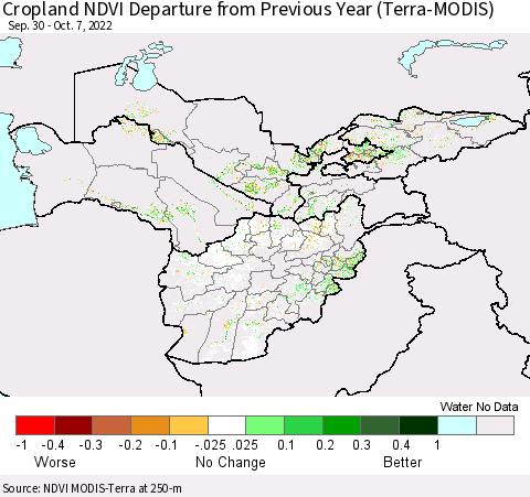 Central Asia Cropland NDVI Departure from Previous Year (Terra-MODIS) Thematic Map For 9/30/2022 - 10/7/2022