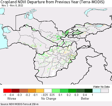 Central Asia Cropland NDVI Departure from Previous Year (Terra-MODIS) Thematic Map For 11/1/2022 - 11/8/2022