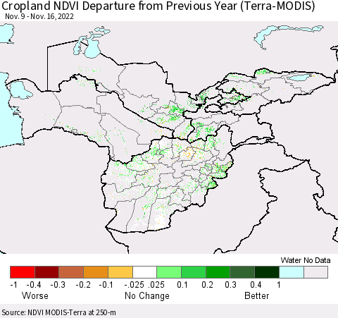 Central Asia Cropland NDVI Departure from Previous Year (Terra-MODIS) Thematic Map For 11/9/2022 - 11/16/2022