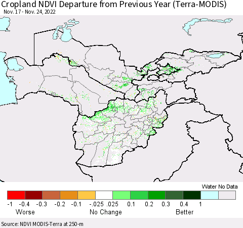 Central Asia Cropland NDVI Departure from Previous Year (Terra-MODIS) Thematic Map For 11/17/2022 - 11/24/2022