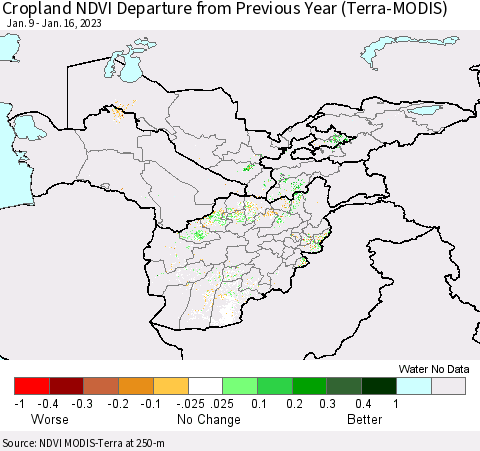 Central Asia Cropland NDVI Departure from Previous Year (Terra-MODIS) Thematic Map For 1/9/2023 - 1/16/2023