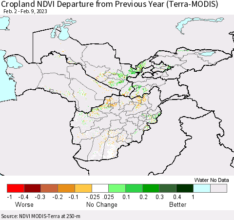 Central Asia Cropland NDVI Departure from Previous Year (Terra-MODIS) Thematic Map For 2/2/2023 - 2/9/2023